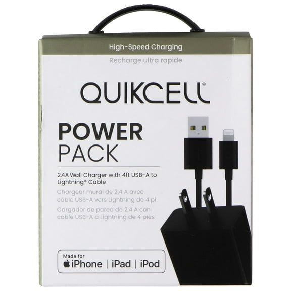 Quikcell Power Pack 2.4A Wall Charger with 4Ft USB-A to Lightning 8-Pin Cable