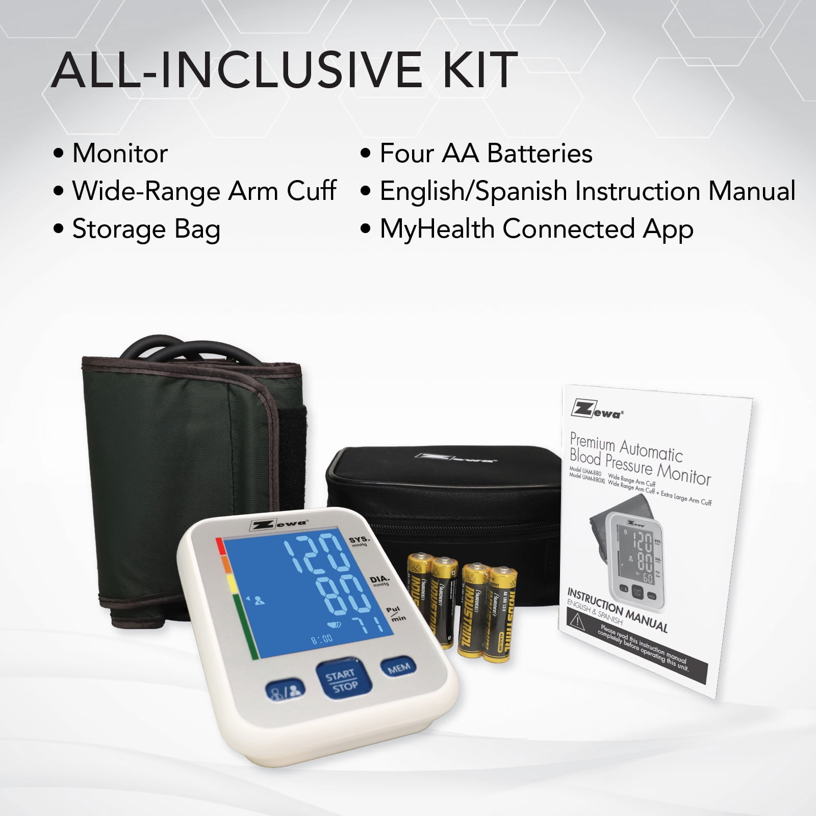 Zewa Smart Arm Blood Pressure Monitor | 60-Reading Memory | 2 Adjustable Cuffs (8.7”-16.5” & 13.4”-18.9”) | Irregular Heartbeat Detection | Illuminated Display | Date & Time Function