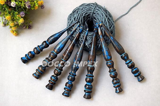 Handmade Ergonomic Wooden Crochet Hooks for Arthritic Hands (Set of 7) Needles for Yarn Accessories | Size 4 mm to 10 mm with Engraved | Yarn Tool (Blue)