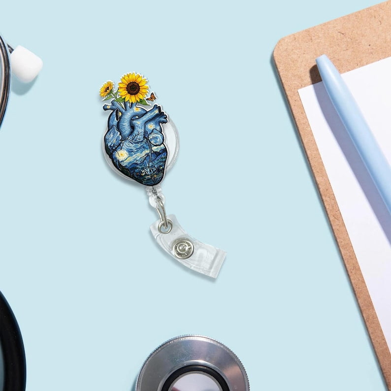 TiniDecor Sunflower Heart Badge Reel, Retractable ID Holder, Artistic Anatomy Design, Nurse Gift
