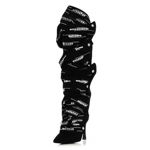 Women's Sparkly Rhinestone Fold-Over Stiletto High Heel Knee High Boots Sexy Black Suede Pointed Toe Back Zipper Tall Boots with Snap Button