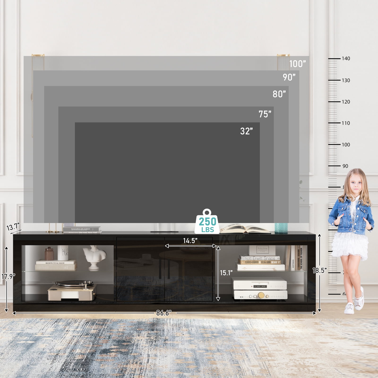 ChVans Large LED TV Stand for 85/90/100" TV with Power Outlets, Living Room Entertainment Center with Storage Drawers&Cabinets Furniture, Black High Gloss TV Cabinet Console Table-86.6"