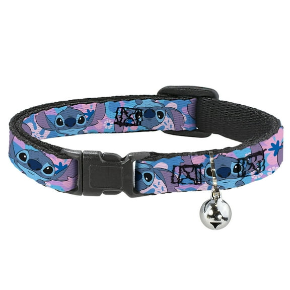 Disney Breakaway Cat Collar With Bell, Plastic Clip, Easy Adjustable, Lilo and Stitch Stitch Flip Expressions Close Up Blues Pinks, 8.5 to 12 Inches 0.5 Inch Wide