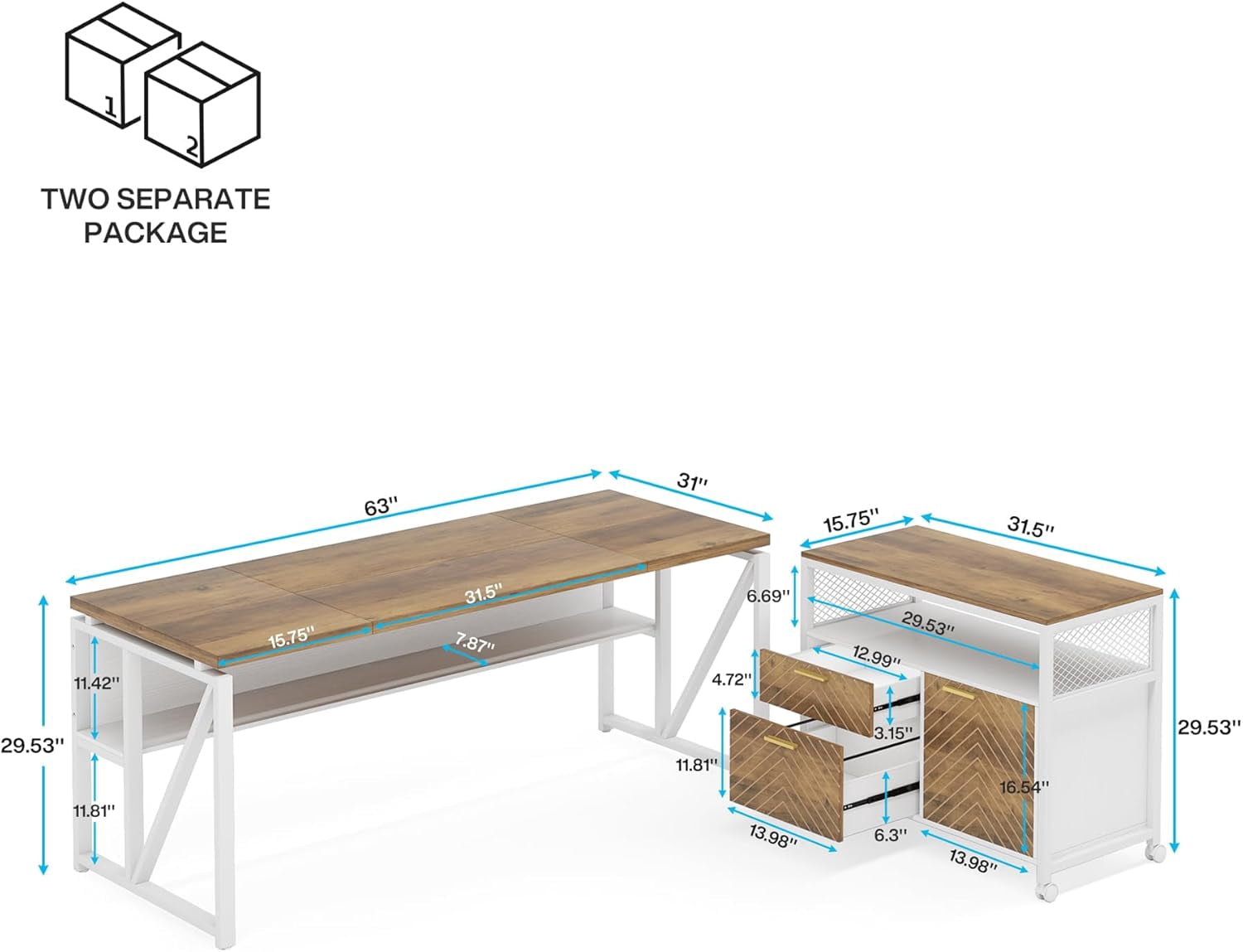 Tribesigns 63" L Shaped Executive Desk with Lateral File Cabinet, Doors with Locks, Desk with Shelf (Brown and White)