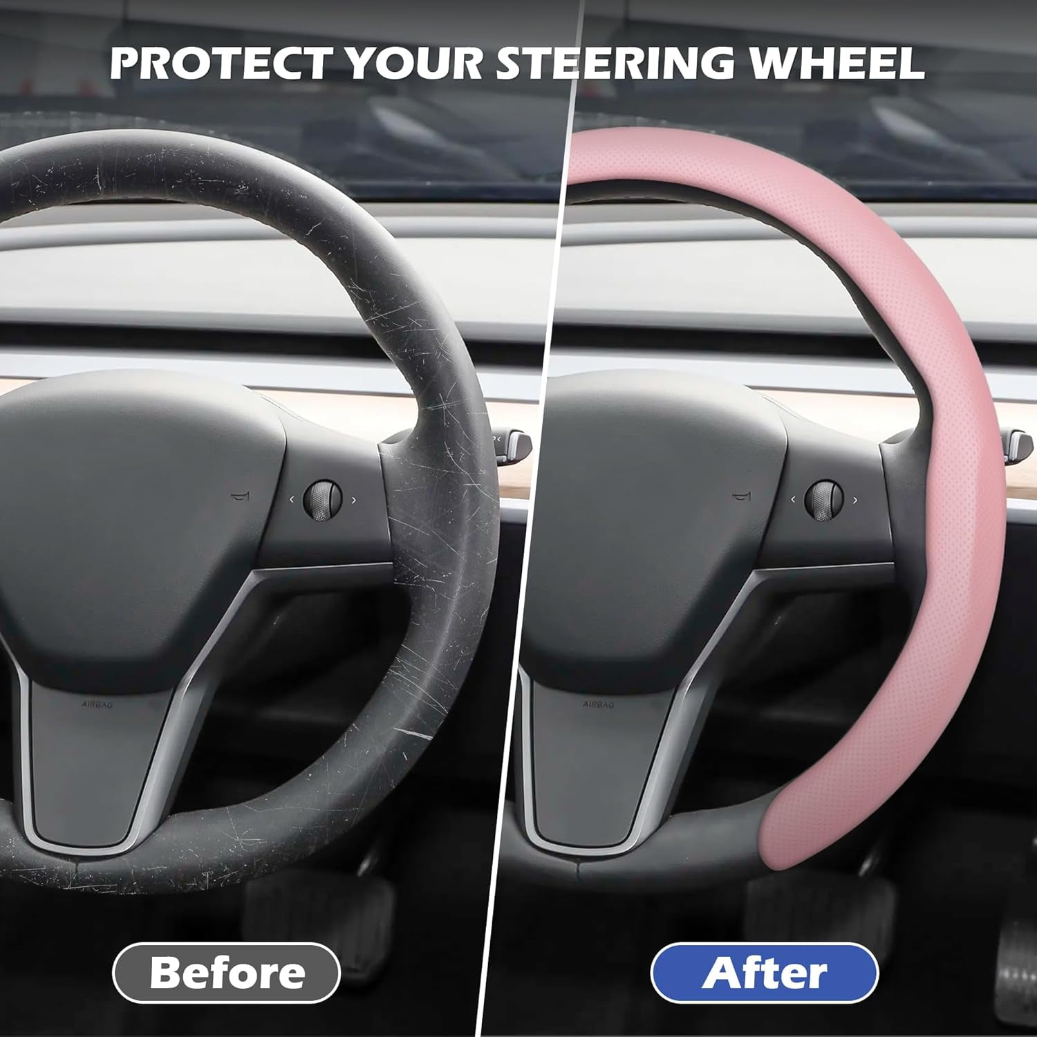 Pink Car Steering Wheel Cover Nappa Leather Non-Slip Clip on Breathable Universal fit 14½ to 15 inches Car Pickup SUV