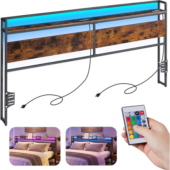 Headboard for King Size Bed, Backboard with Outlets, USB Port, LED Light, Headboard with Shelf, Freestanding Sturdy Back Board with Adjustable Accessory to Different Bed Frames, Rustic Brown