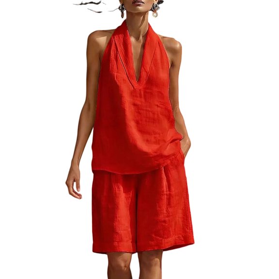 2 Piece Outfit Sets for Women Plus Size 2026 Summer Fashion Round-Neck Sleeveless And Short Pants Solid Casual 2PC Outfit Sets