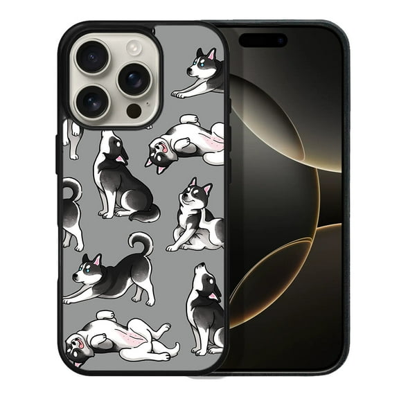 WIRESTER Shockproof Soft Rubber Cover Case for Apple iPhone 16 Pro 6.3" 2024, Siberian Husky Funny Playful Postures On Gray
