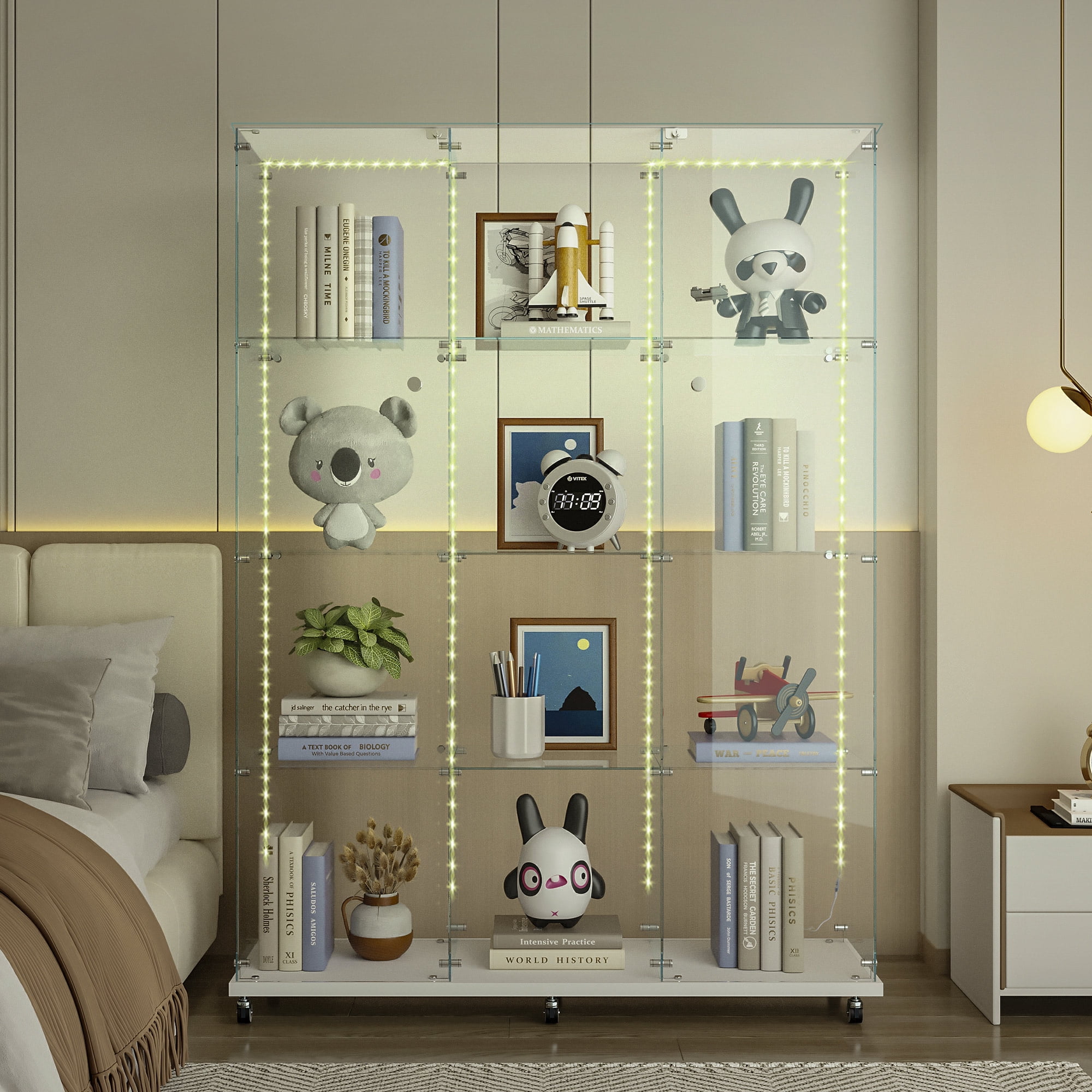 MAYEERTY 4 Tiers Glass Display Cabinet with Bluetooth LED Light Strip, Curio Storage Cabinet with 3 Door Wheels and Lock, Tempered Glass Top, White