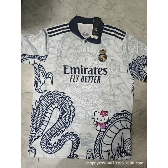 Camiseta de fútbol de manga corta informal para exteriores del Real Madrid de Inglaterra con diseño de dragón blanco HaloKitt estilo dragón Hello Kitty