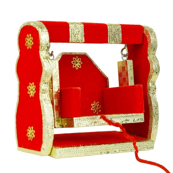 Decorative Laddu Gopal Jhula Wooden Handcrafted Velvet with Golden Work for Bal Gopal Idol/Krishna Jhoola Home Temple for Indian Traditional Festival Diwali Decorations (Height Size:- 8.5")(Red)