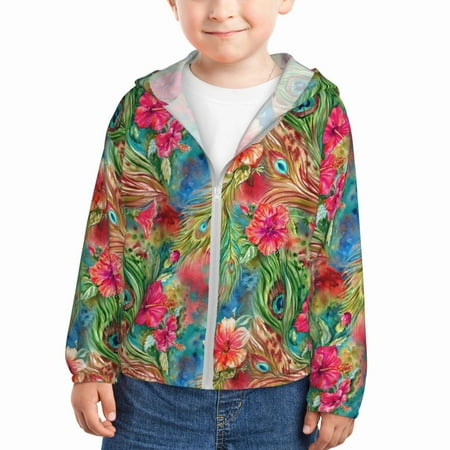 

Sun Hoodie for Kids Peacock Feathers And Flowers Long Sleeve Swim Fishing Shirts Sun Protection Zip Up Jacket Clothing Athletic Hoodie