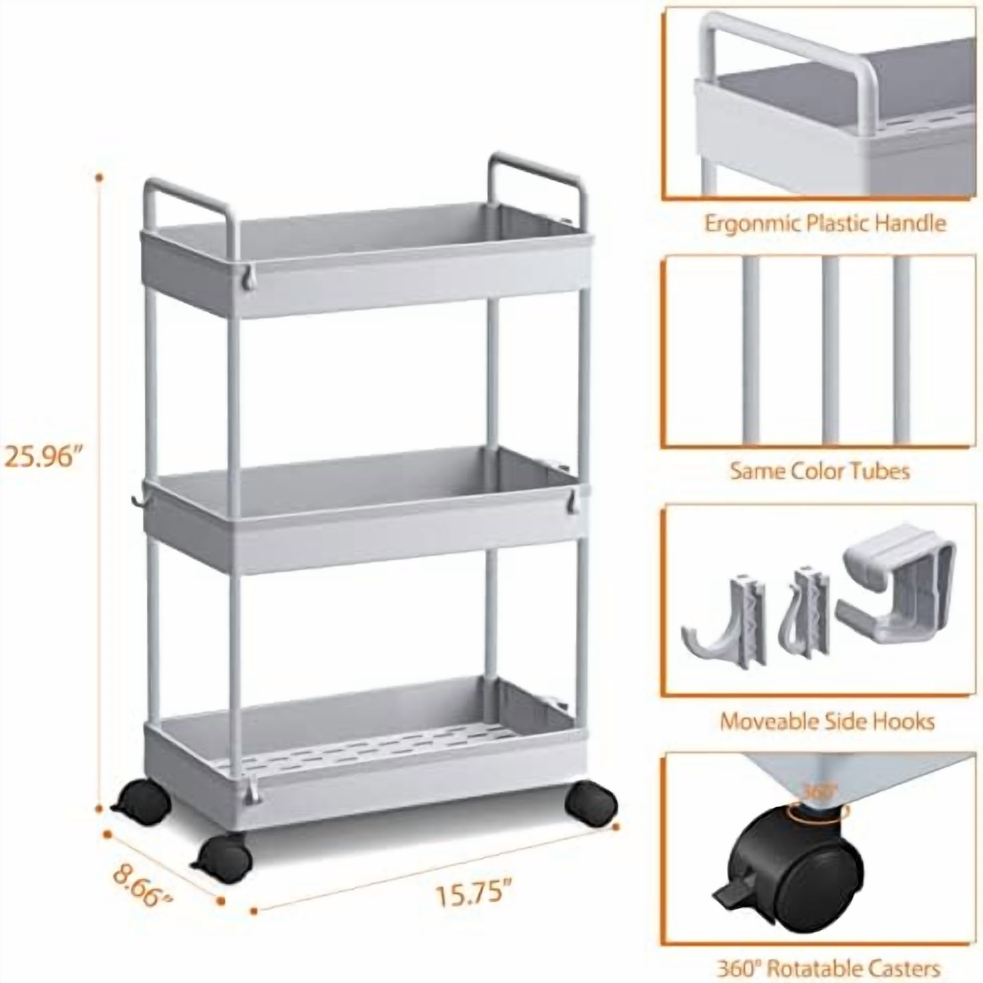 3 Tier Slim Rolling Storage Cart with Wheels Plastic Utility Cart Organizer for Snack Craft Art Postpartum Baby Diaper Nail Makeup in Bathroom Laundry Room Kitchen Bedside Narrow Space, Grey