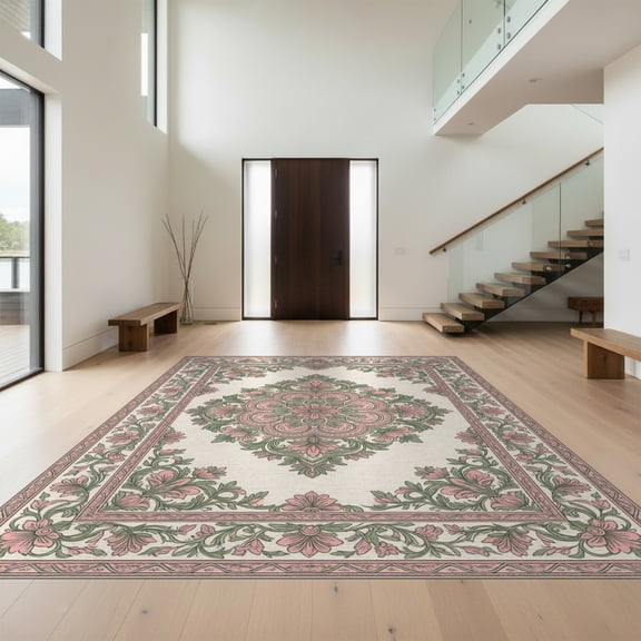 Design&I 8'x10' Washable Area Rug Snag-Free Floral Medallion With Sage Botanical Border Accents Vintage Distressed Refined for Dining Room, Large Office, Lounge