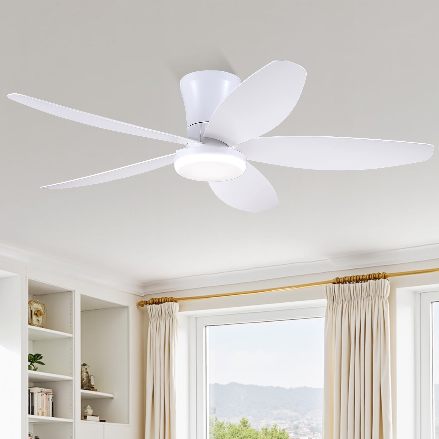 48" White Low Profile Ceiling Fan with Lights, Remote/APP Control, DC Reversible Motor, LED Dimmable Light, Flush Mount Ceiling Fan for Bedroom, Living Room, Indoor/Outdoor Patio Use