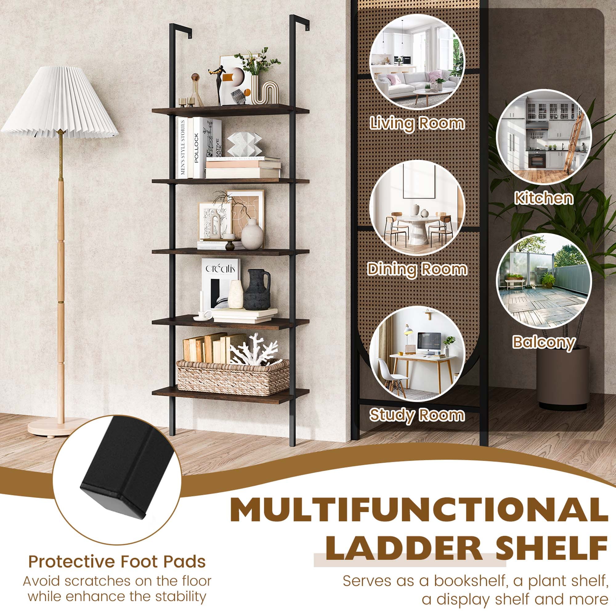 Costway 5 Tier Ladder Shelf 71'' Height Wall-Mounted Bookshelf Display Storage Organizer Brown