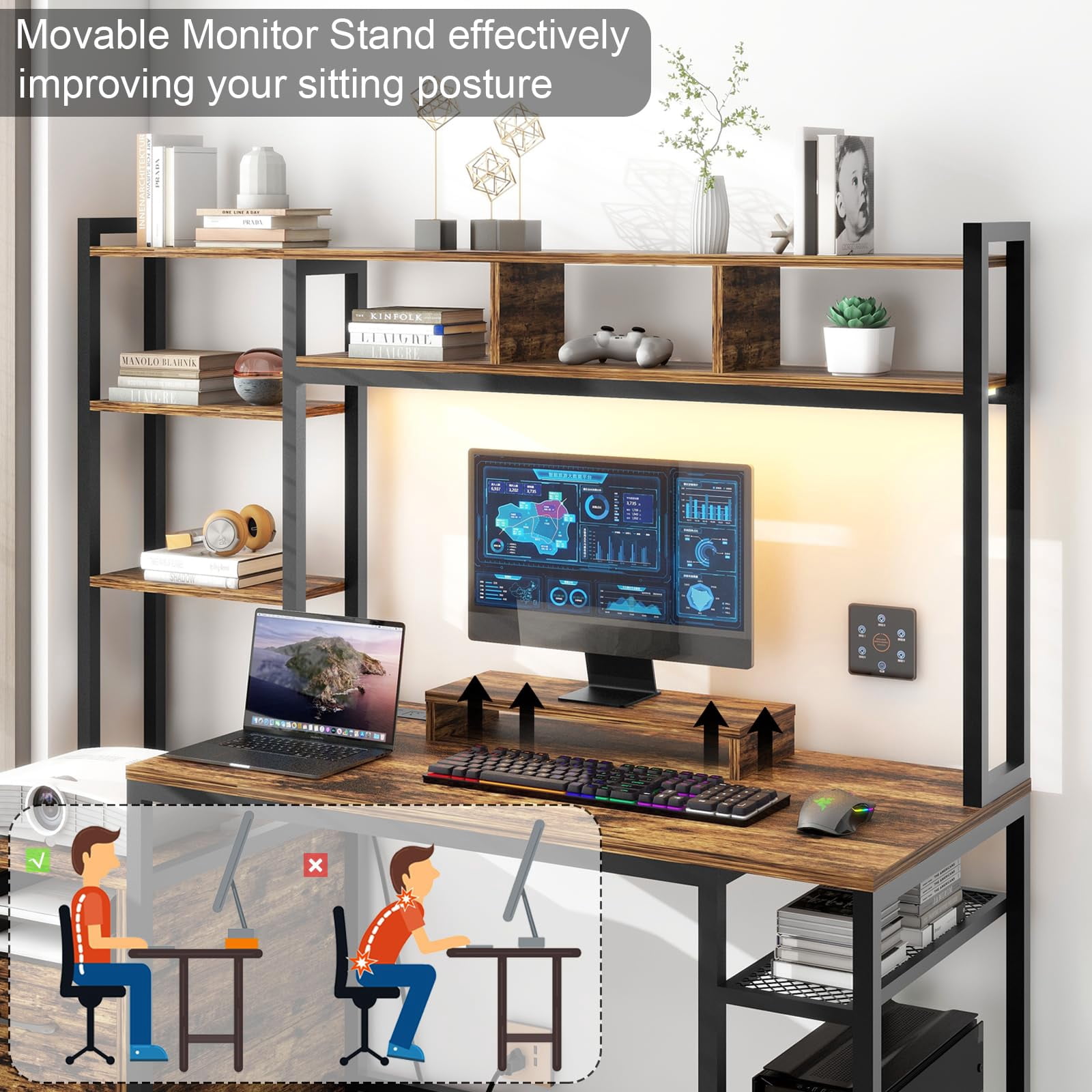 59" Home Office Desk with LED Lights and Power Outlets, Gaming Desk with Drawers and Shelves, Rustic Brown Finish
