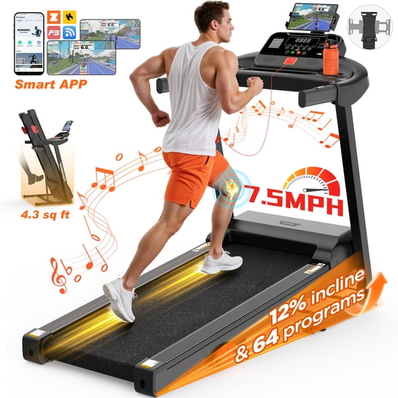 3HP Portable Folding Treadmill for Home&Office, LCD Display , 300 lbs Treadmill with Incline, 64 Programs, APP Control, Tablet Holder, 7.5MPH, Exercise Equipment for Walking, Jogging, Running