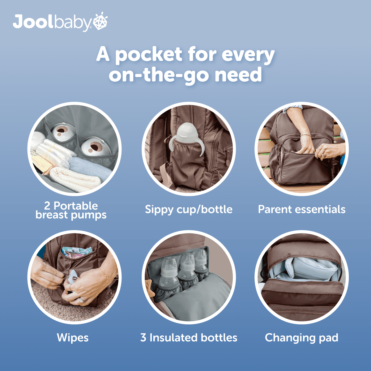 Jool Baby Diaper Bag Backpack with Changing Pad, Large Capacity, Insulated And Portable, Brown