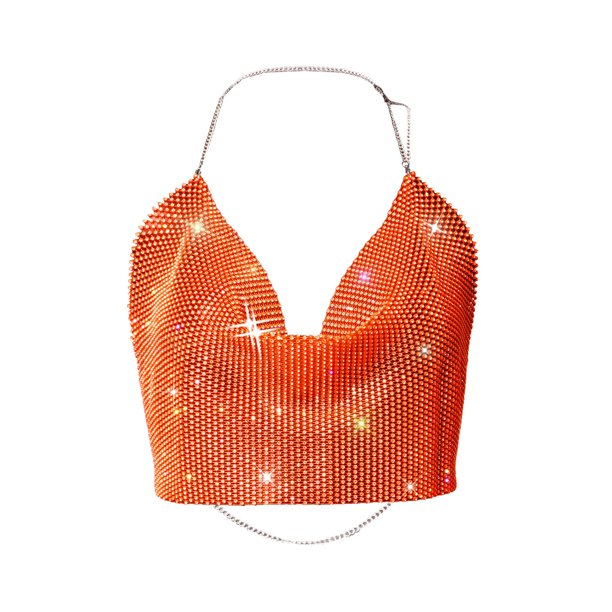 Gibobby de impresión para mujer Ropa sexy Rebordear Ajustable Sin mangas Sin espalda Halter Crop Top Club Vintage Tank Tops(Naranja,CH)
