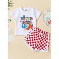 thumbnail image 2 of Wassery 4th of July Toddler Boys Independence Day Outfits Set Letter Print Short Sleeve Tops Crew Neck T-shirt and Checkerboard Print Drawstring Shorts 2Pcs Baby Summer Casual Clothes 6M-4T, 2 of 9
