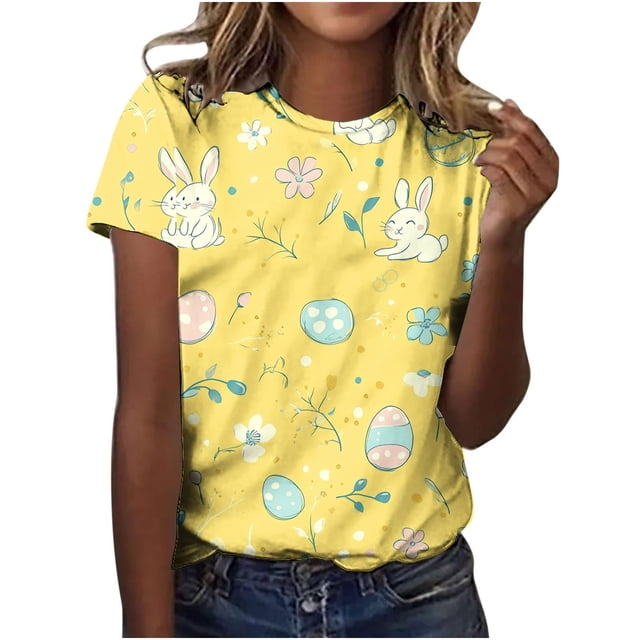 Pisexur Hauts pour Femmes Blouses Décontractées Élégantes Imprimé de Pâques Manches Courtes Col Rond, Grande Taille Multicolore, TG