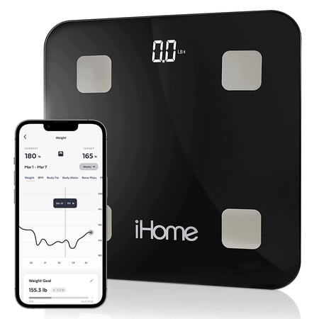 iHome Smart Scale 400 lbs Digital Bathroom Scale for Body Weight BMI Weighing, Black