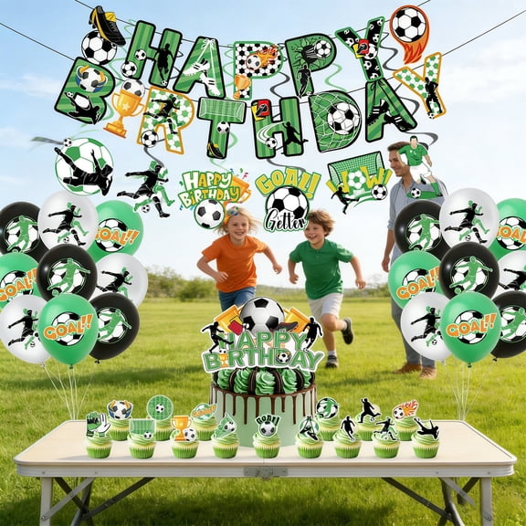 Soccer Theme Birthday Party Decorations Paper Banner Swirls Balloons Cake Toppers Party Supplies for Parties Banner Swirls Balloons Cake Decor Party Decor
