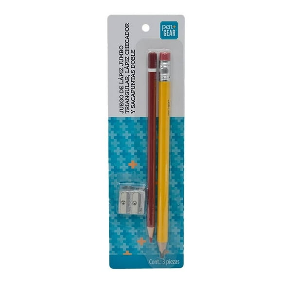 Set de Escritura Pen + Gear Con Lápiz Triangular Jumbo, Sacapuntas Metalico Doble, 1 Lapiz Checador