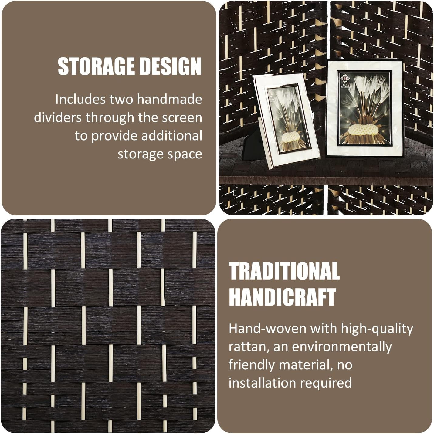 Dkelincs 6ft 4 Panel Wood Room Divider and Folding Privacy Screen with 2 Tier Display Shelves,Brown