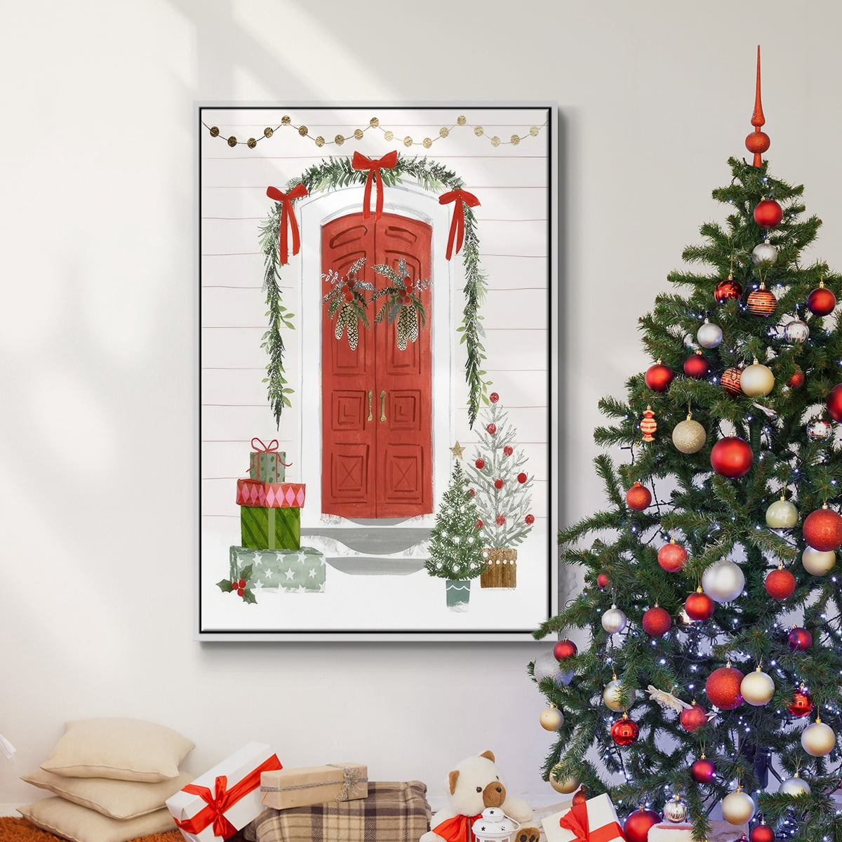 Festive Front Door II - Framed Gallery Wrapped Holiday Canvas - 17 x 25 - White Frame