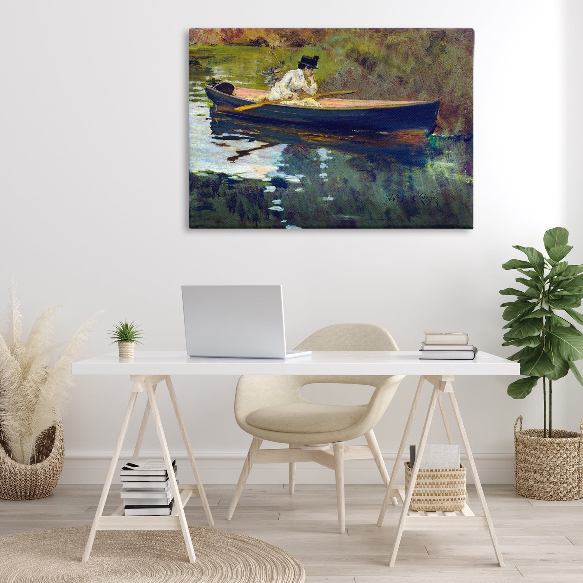 Stupell Industries Thoughtful Woman on Canoe Novelty Painting Gallery Wrapped Canvas Art Print Wall Art, 45 x 30