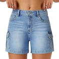 thumbnail image 2 of Women's High Rise Utility Denim Shorts Multi Cargo Pockets Relaxed Fit Stretchy Daily Wear Jean Shorts Light Blue L, 2 of 4