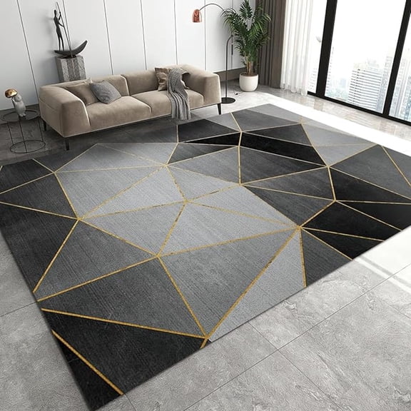Abstract Black Gray Gold Irregular Lines Geometry Area Rug, Home Decor Non Slip Rugs, Machine Washable Breathable Carpet For Living Room Bedroom Study Dining Room Floor Mat 4x6ft