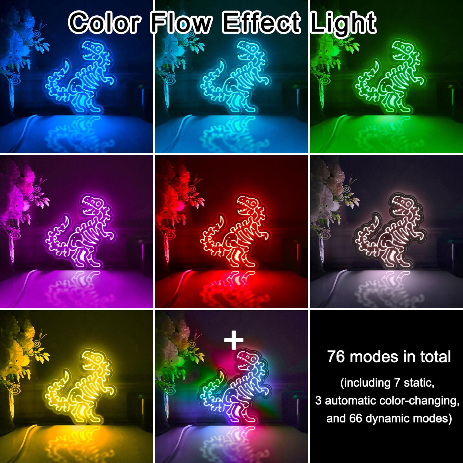 Dinosaur Led Light Box, Dimmable Neon-Like Light Signs USB Power for Wall Decor Bedroom Decoration, Color Flow Effect (WxH) 6"x6"