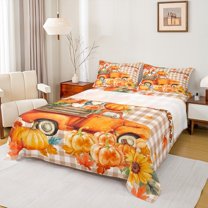 Manfei Harvest Pumpkin Child Twin Sheet Sets, Rustic Truck Twin Fitted Sheet, Vintage Buffalo Plaid Flat Sheet, Ultra Soft Home Decor, 3 Pieces