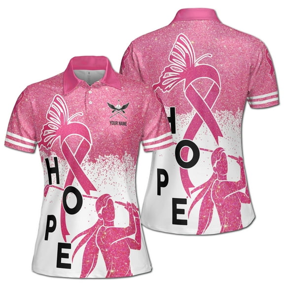 Custom Name Pink Glitter Hope Lady Golfer Women's Polo Shirt S-5XL