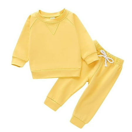 Younger Tree Toddler Fall Outfits for Girl Boy Long Sleeve Solid Crew Neck Top Long Sweatpants Sweatsuit Set for 18-24 Months