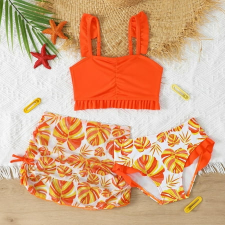 Ulitacool Girl Swimsuits Two Piece Swimsuit With Mesh Skirt Comfortable Swimwear For Toddlers And Kids Adorable Beach Wear 7-8 Years Orange