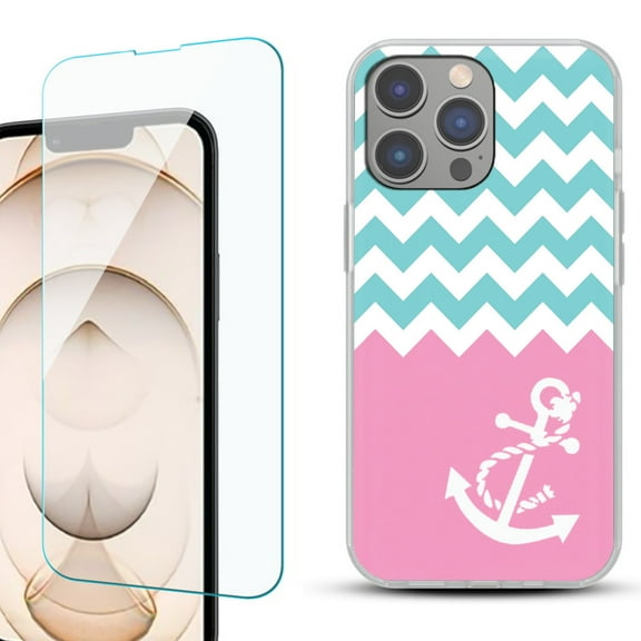 OneToughShield ® for iPhone 15 Pro Shockproof Phone Case, with Tempered Glass Screen Protector - Chevron/Anchor