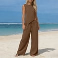thumbnail image 5 of Cotton Linen Outfits for Women Summer Trendy Vacation Clothes 2 Piece Sleeveless Tank Top Wide Leg Pants Set (M, Brown), 5 of 6