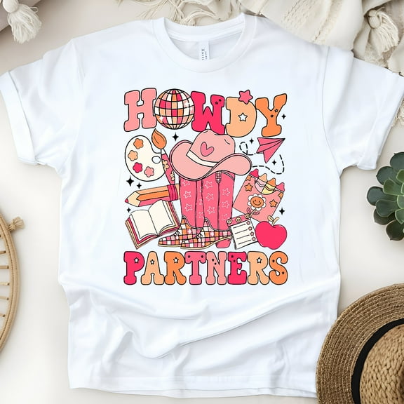 Howdy Partners Western Classroom Shirt – Teacher Cowboy Theme Tee, White, Size S