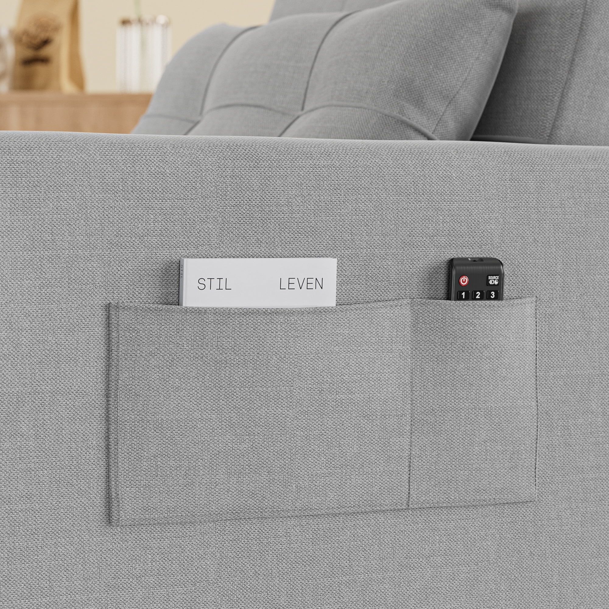 Sofa Bed Chair Convertible, Sleeper Sofa with Pull-Out Bed, 3-in-1 Futon Couch with Reclining Backrest and Side Pocket, Light Grey