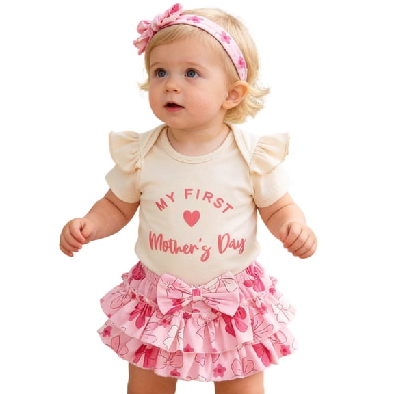 RMGVDSD Newborn Baby Girl Clothes Infant My First Mother's Day Outfit Short Sleeve Romper Bow Skirt With Headband 3Pcs Summer Outfits 0-3 Months