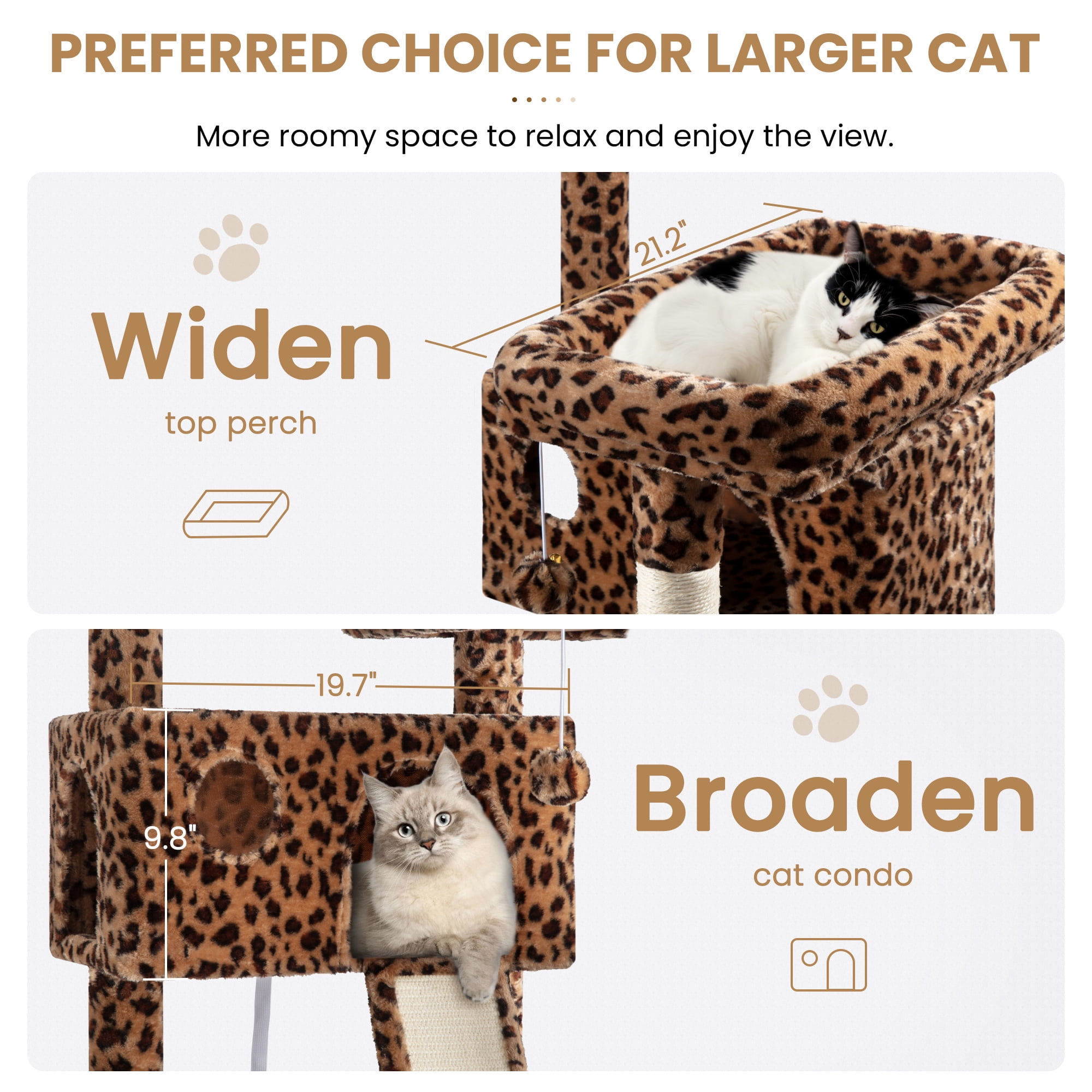 Merrland 65.7" Large Cat Tree Tower Condo for Cats with 2 Scratching Ramps, Hammock & Scratching Posts, Leopard Print