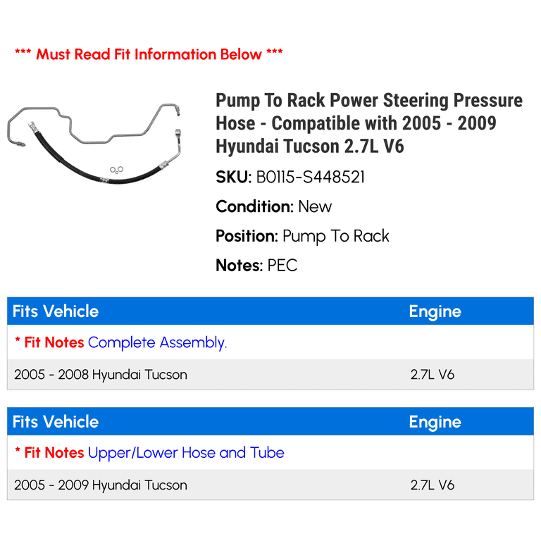 POWER STEERING PRESSURE Line Hose Assembly For Hyundai Tucson 2005-2009