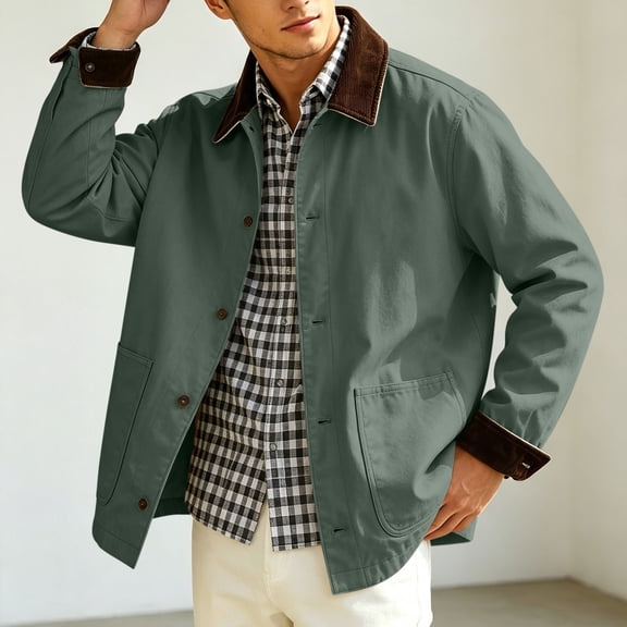 Mens Corduroy Chore Jacket Lightweight Contrast Point Collar Button Front Casual Coat with Patch Pockets Long Sleeve Fall Outerwear