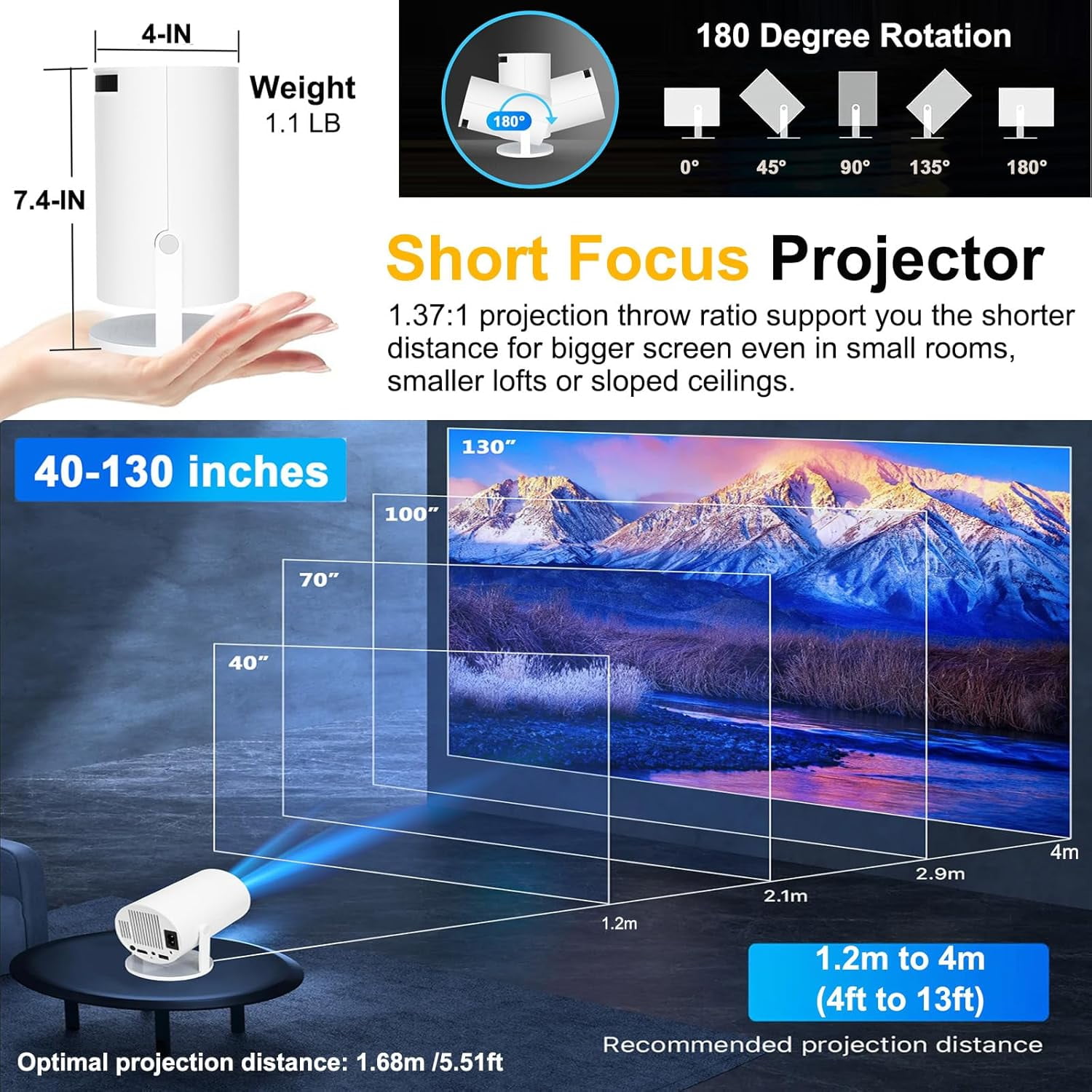 Projector with WiFi , HY300 pro 4K Decoding Android Auto  Portable Outdoor Home Movie Video Projector Compatible with Phone Laptop  TV