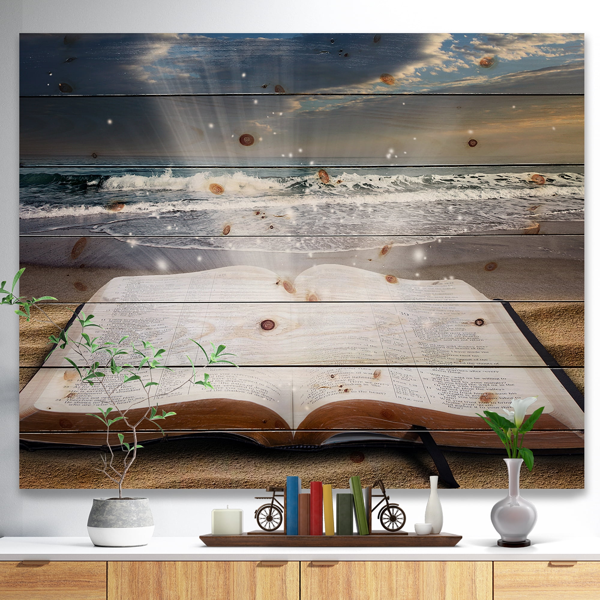 Designart 'Jesus Bible at beach' Religious Art Print on Natural Pine Wood