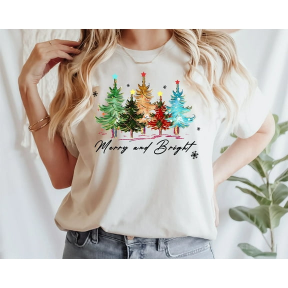 Merry and Bright Graphic T-Shirt | Colorful Christmas Tree Holiday Tee